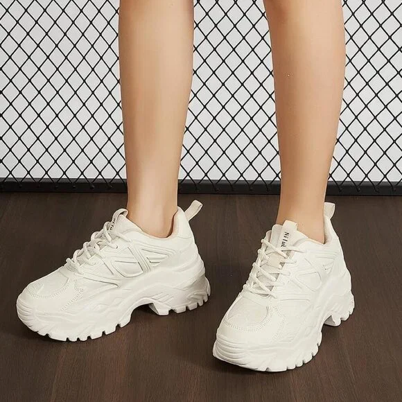 Women Beige Casual Tennis Lace Up Chunky Sneakers Shoes - Picture 7 of 7